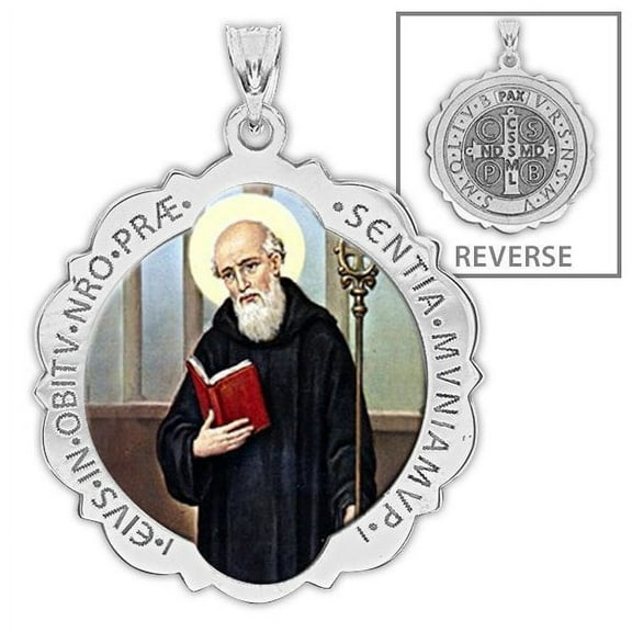 Saint Benedict Scalloped Round Religious Medal Color - 2/3 Inch Size of Dime, Sterling Silver