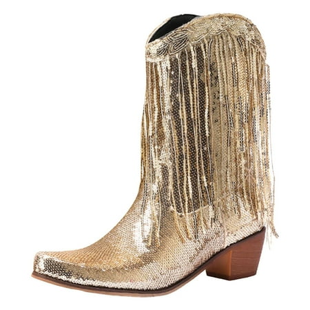 DVKOVI Cowgirl Outfit Cowgirl Boots Mid Calf Women Mid Calf Boots Fashionable Sequin Decoration Tassel Boots Pointed Thick Heels Comfortable Shoes Heel Boots for Women Gold 41
