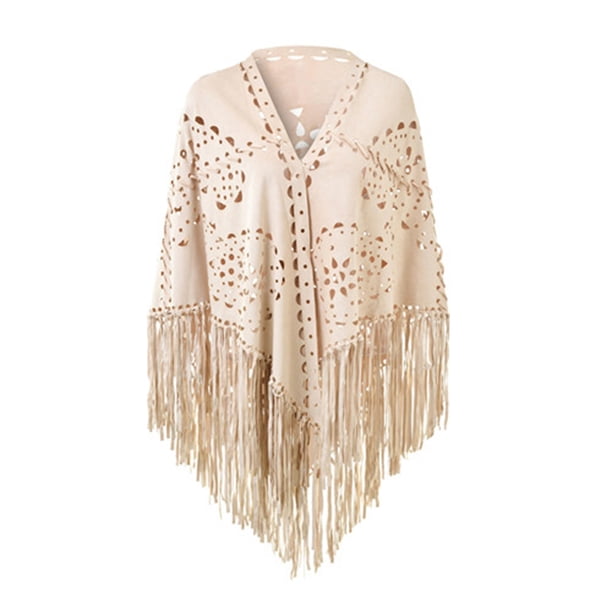 Bufanda poncho abierta con flecos de ante para mujer - Estampado perforado, poliéster, talla única - 190 cm de largo