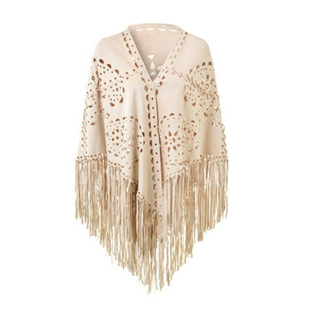 Poncho Foulard à Franges en Suède pour Femmes - Motif Punch, Polyester, Taille Unique - Longueur 190cm