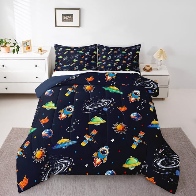 Erosebridal Cartoon Outer Space Bedding Queen Comforter Set, Galaxy Print Down Comforter, Black, Reversible 3-Piece