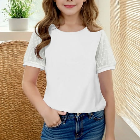 BRGZLK Girls Summer Lace Short Sleeve Shirts Trendy Solid Color Versatile Blouse Loose Cute Round Neck Casual Top White 7-8 Years