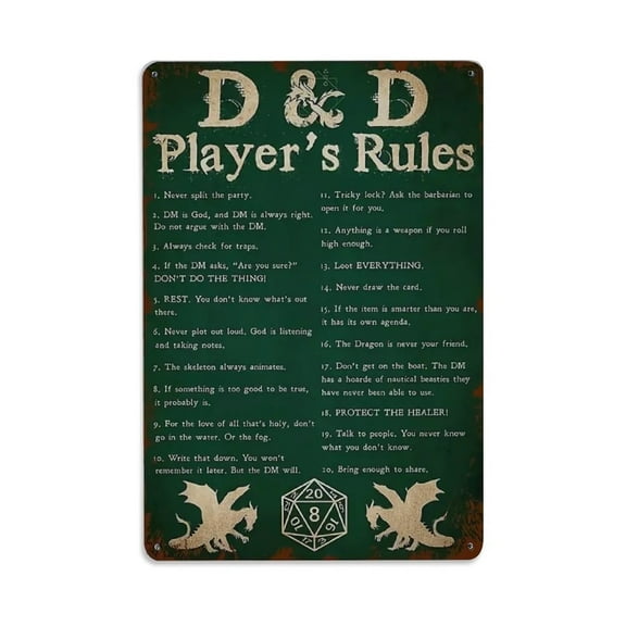 D&D Player's Rules Tin Sign Vintage Metal Sign Office Living Room Bar Coffee Wall Art Decor 8x12inch