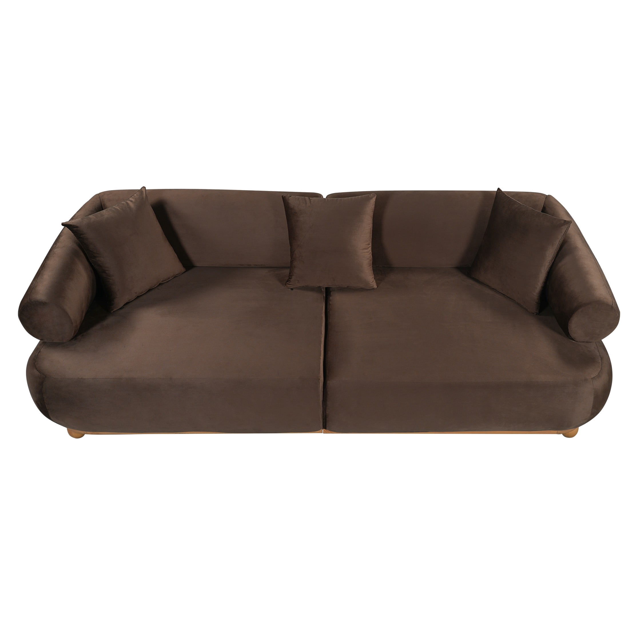 Christopher Knight Home 89.3" Modern Velvet Sofa with Throw Pillows, 3 Seats, Solid Wood Base, Brown