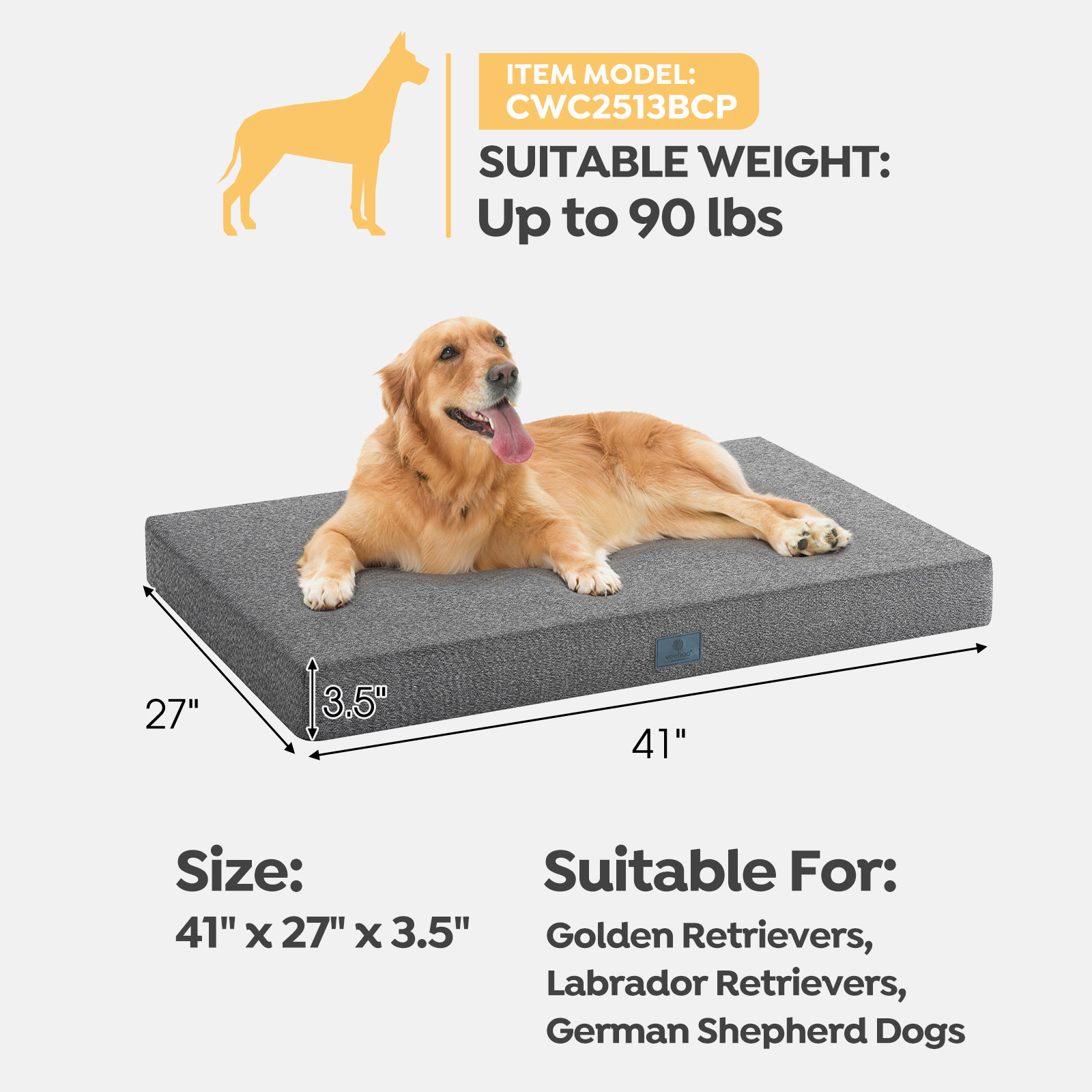 Veehoo Chew Proof Dog Bed for Crate, Pet Pad with Removable Washable Cover, Extra Large, Black