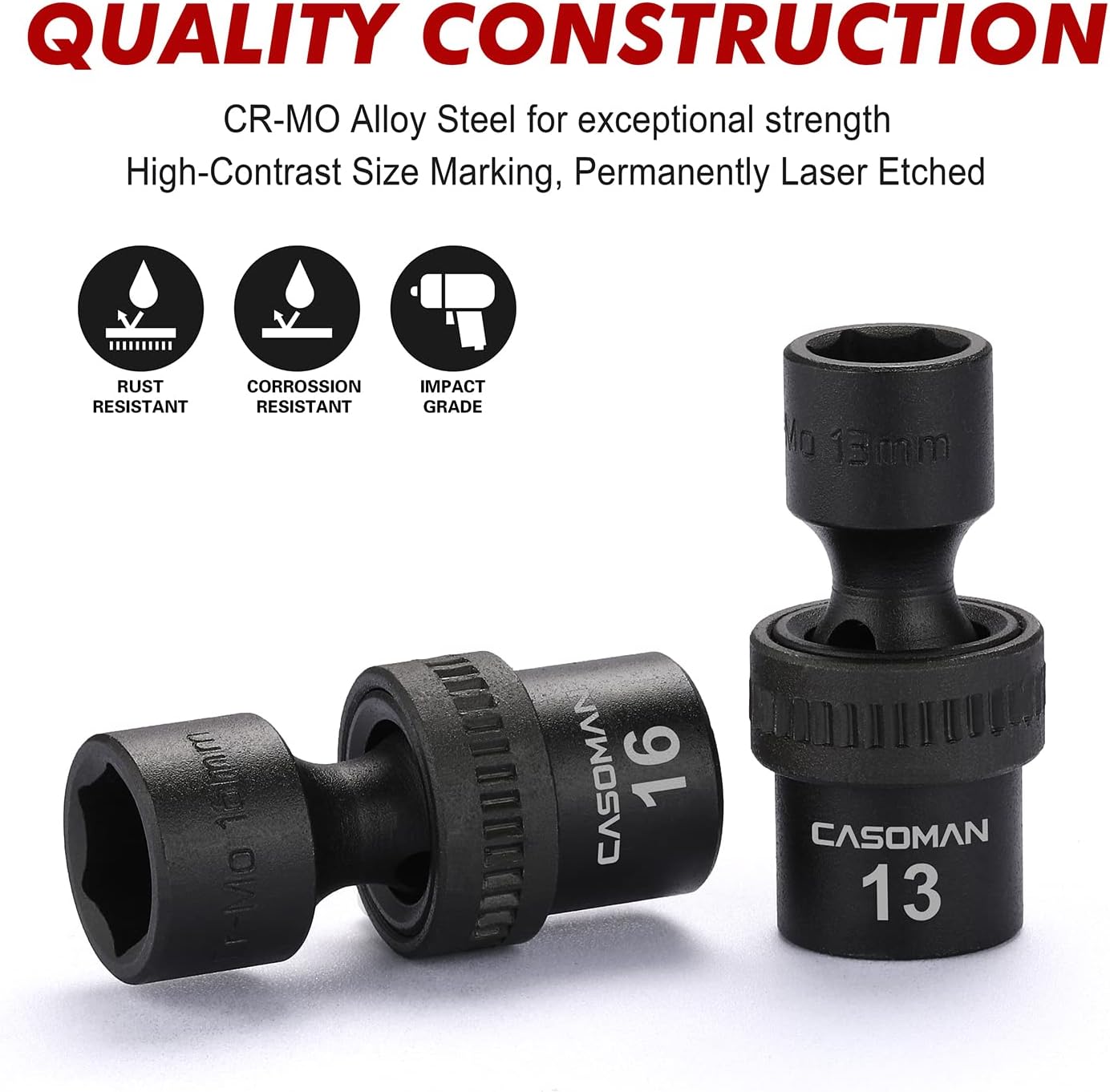 CASOMAN PRO 10 PCS 3/8" Drive Standard Universal Impact Socket Set, 6 Point, CR-MO, Metric,10-19mm