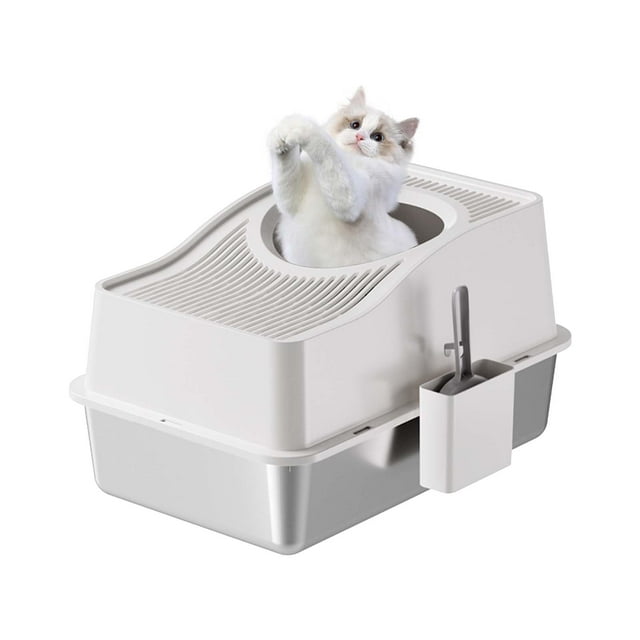 Yiwa Stainless Steel Litter Box with Lid, Enclosed Litter Box with Cat Litter Mat and Scoop, Extra Large High Sided Cat Litter Trays Easy Clean Detachable
