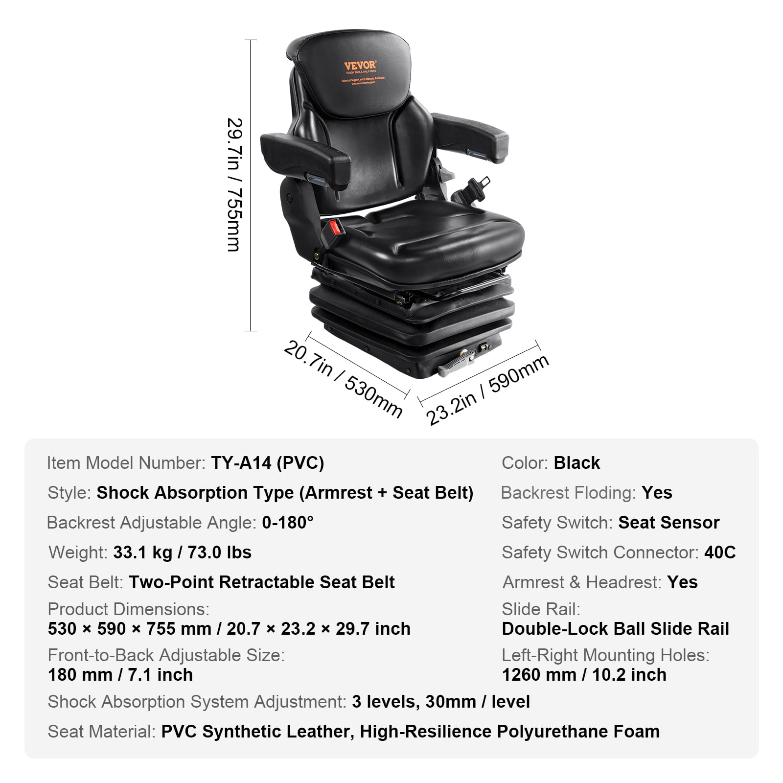 VEVOR Universal Tractor seat Suspension, Fold Down Forklift Seat with Adjustable Angle Back, Micro Switch, Seatbelt and Armrests, 3-level Shock Absorption Tractor Seat for Tractor Loader Excavator
