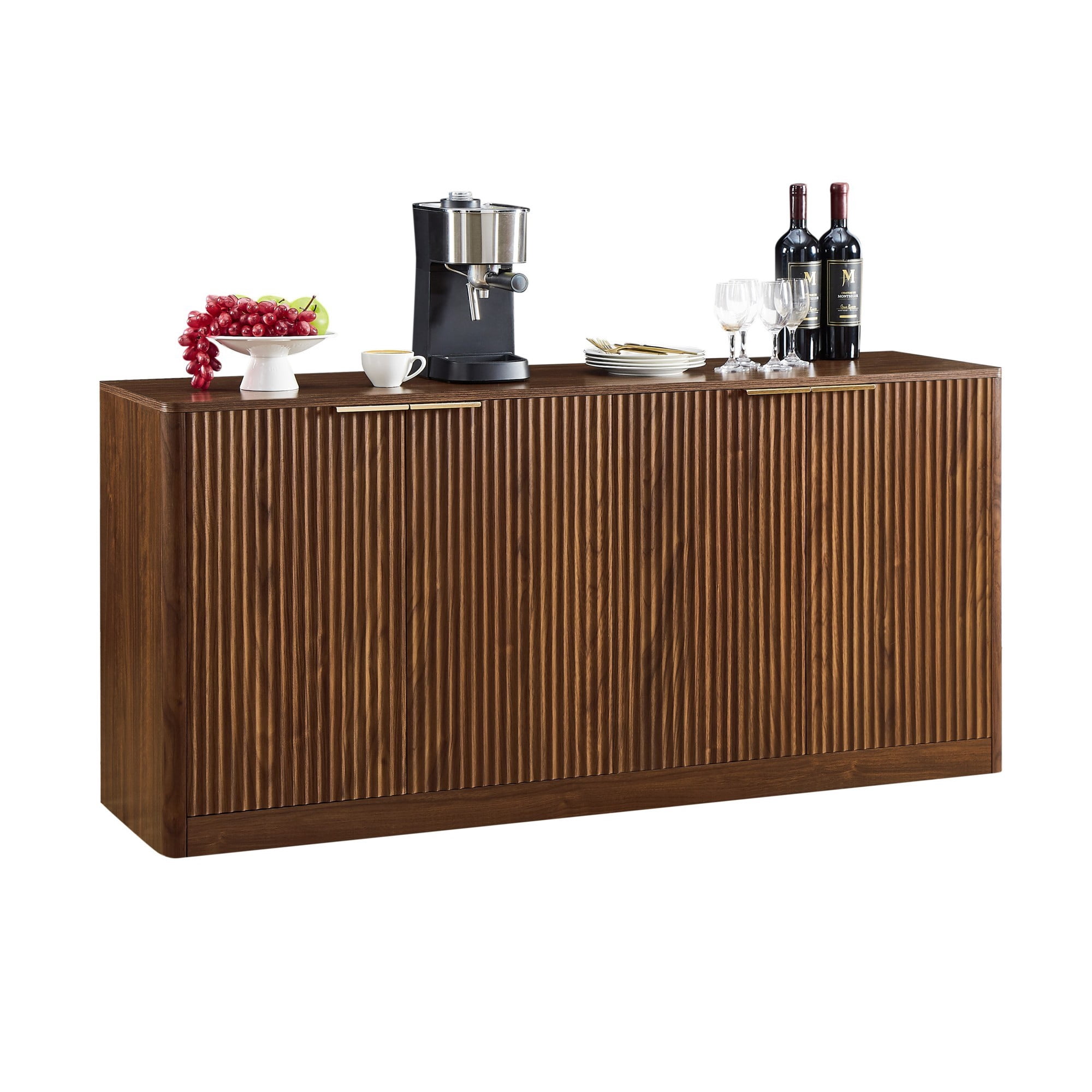 59" Modern Wavy Sideboard Cabinet, Curved 4-Door Storage Cabinet, TV Stand Buffet Cabinet for Living Room Bedroom Kitchen, Walnut