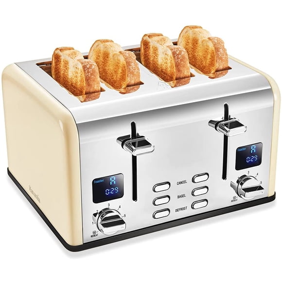 Savania 4-Slice Bread Toaster, Stainless Steel with Dual LCD Display, Wide Slots, Bagel/Defrost/Cancel Functions