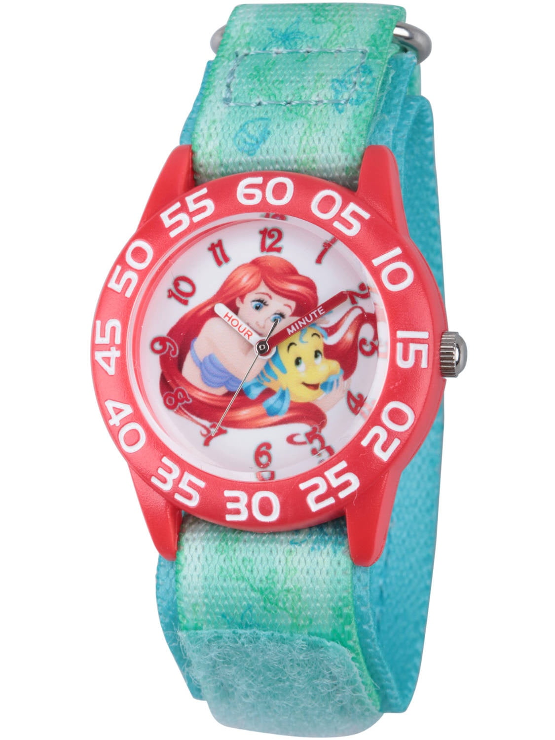 Princess Ariel and Flounder Girls' Red Plastic Time Teacher Watch, Green Stretch Hook and Loop Nylon Strap with Printed Ariel
