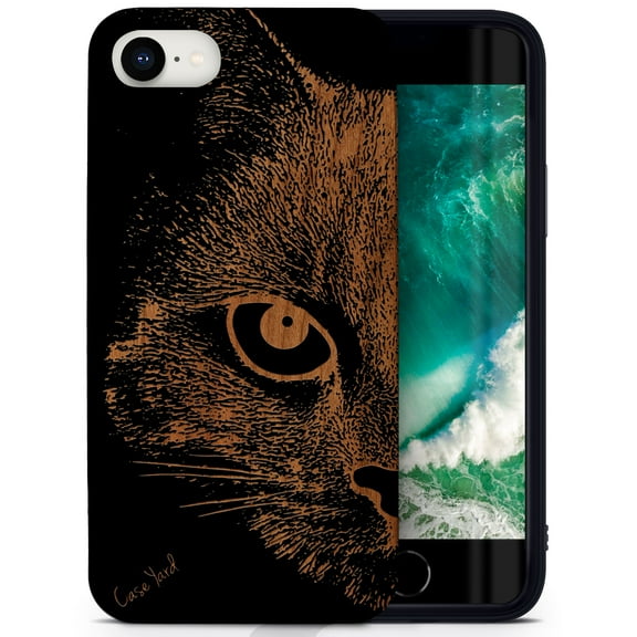 Case Yard Wooden Case for iPhone-SE Soft TPU Silicone cover Slim Fit Shockproof Wood Protective Phone Cover for Girls Boys Men and Women Supports Wireless Charging Mad Cat Design