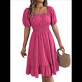thumbnail image 1 of Vestido Corto Bohemio de Verano para Mujer, con Escote Cuadrado, Mangas Abullonadas, Hombros Descubiertos, Fruncido, Informal, de Corte A, con . Rosa Roja L, 1 of 10