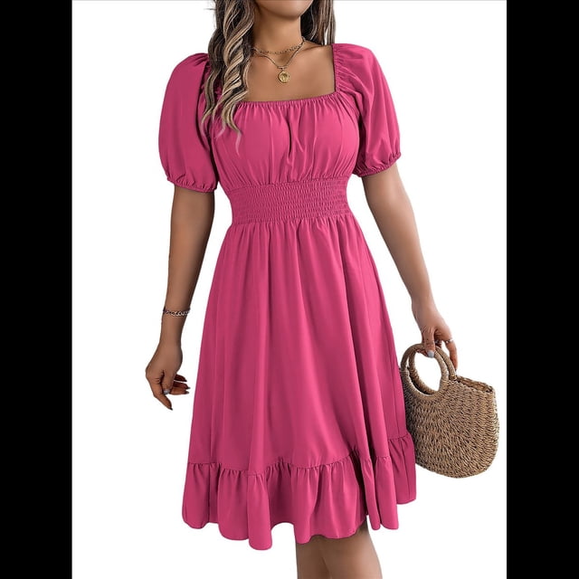 Vestido Corto Bohemio de Verano para Mujer, con Escote Cuadrado, Mangas Abullonadas, Hombros Descubiertos, Fruncido, Informal, de Corte A, con . Rosa Roja L