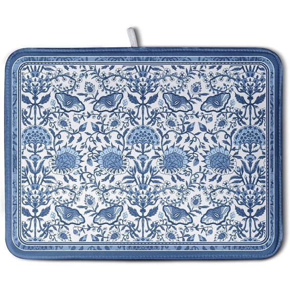 Blue Floral Dish Drying Mat for Kitchen Counter Boho Flowers Dishes Drainer Mats Rustic Farmhouse Microfiber Absorbent Dish Draining Spring Summer Reversible Dish Rack Pad Large 18x24 Inch