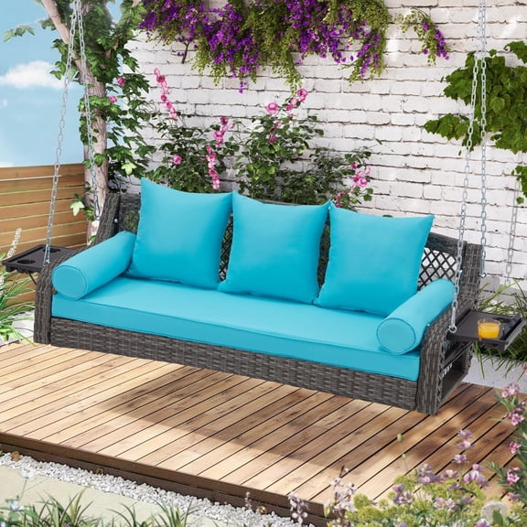 3 Seat Porch Swing, Wicker Patio Swing with Cup Holders & 3 Back Cushions, Yard Swing with Chains for Deck Garden Backyard,Grey Double Ribs Rattan,Lake Blue Cushion,56-inch