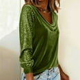 thumbnail image 4 of Lenpel Velvet Tops for Women Sparkly Long Sleeve Cowl Neck Sequin Patchwork Velour Blouses Glitter Party Shirts(Army Green,XX-Large), 4 of 5