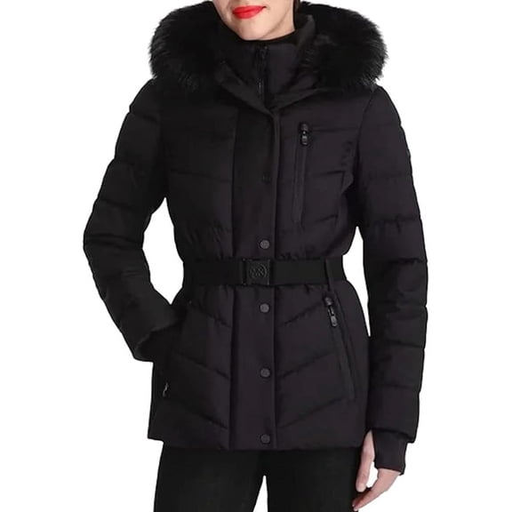Michael Michael Kors Women's Faux Fur Hooded Puffer Scuba Belted Coat Jacket Black - M