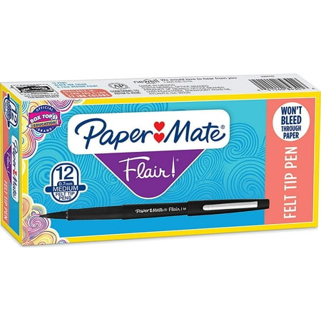 Paper Mate Flair Felt Tip Pens, Medium Point (0.7mm), Black, 12 Count (Packaging May Vary)