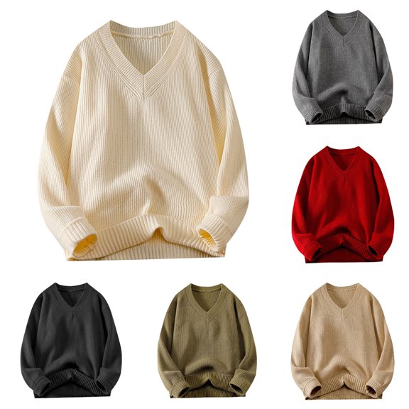 Danhjin Men's Knitted Sweater Tops Long Sleeve Casual V Neck Solid Color T Shirts Oversized Knitwear Pullover Fall Winter Comfy Stretchy Soft Cozy Shirts Blouses