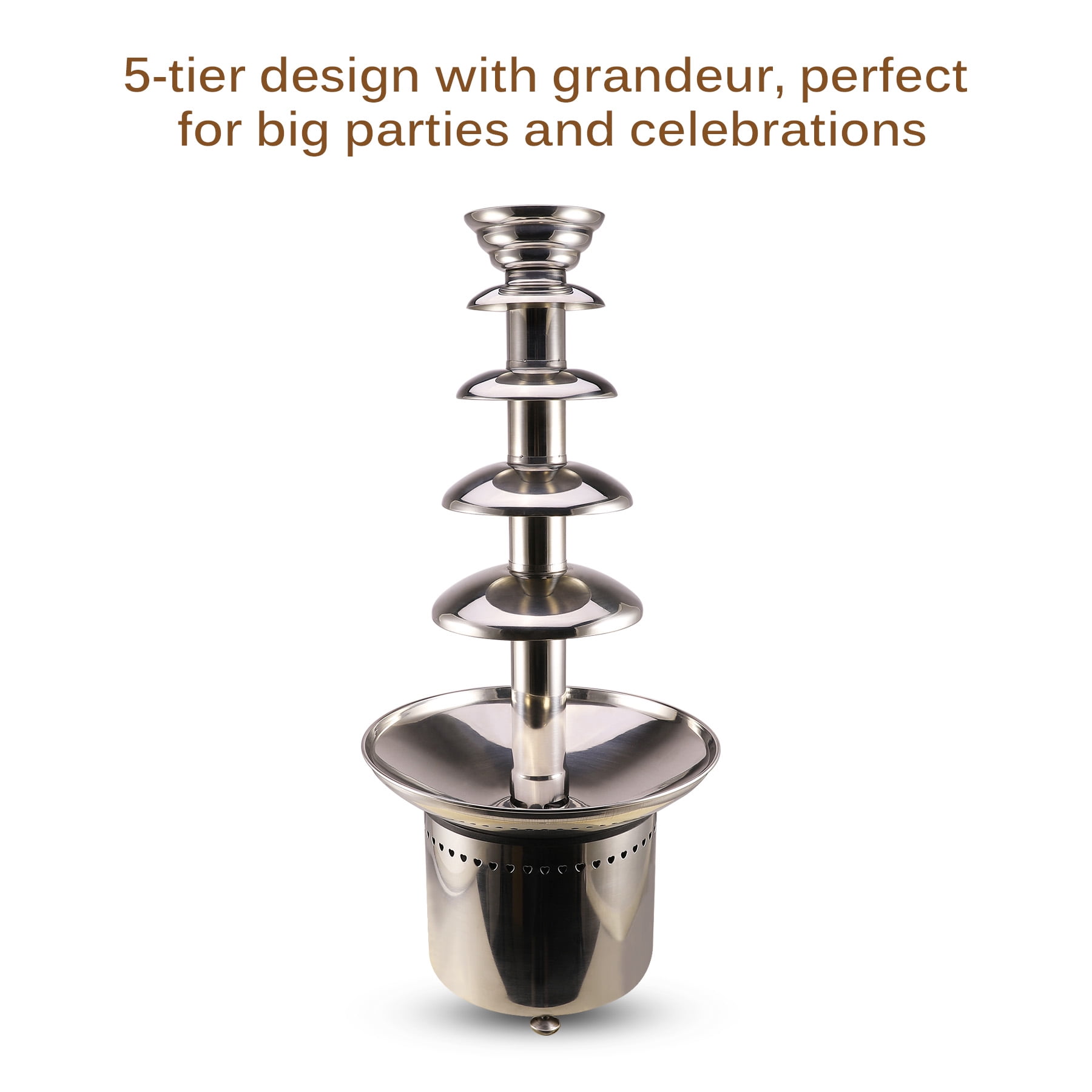 27.6" 5-Tier Heated Chocolate Fountain, Stainless Steel Construction w/Auto Temperature Control 86°- 230° F, for Up to 50 Guests