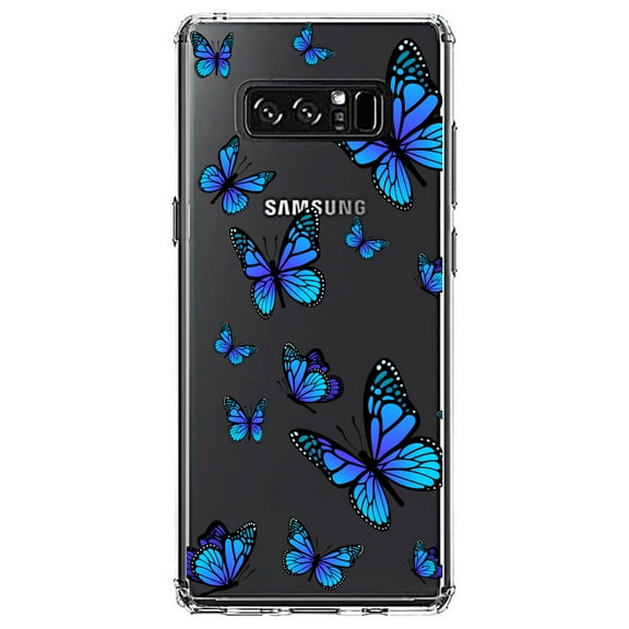DistinctInk Clear Shockproof Hybrid Case for Samsung Galaxy Note 8 - TPU Bumper Acrylic Back Tempered Glass Screen Protector - Blue Butterflies Butterfly