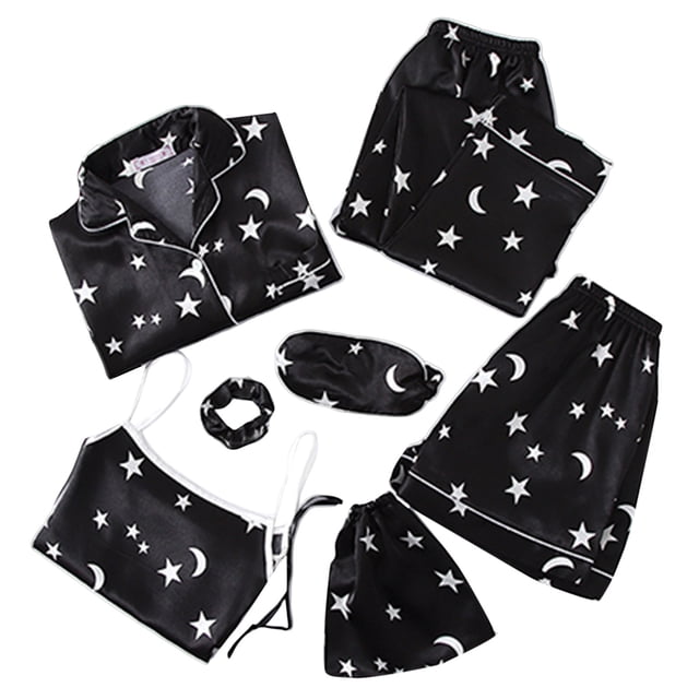 Pijamas de lactancia Gibobby para Mujer Conjunto de Siete Piezas Pantalones Cortos Manga Larga Tirantes Negro L