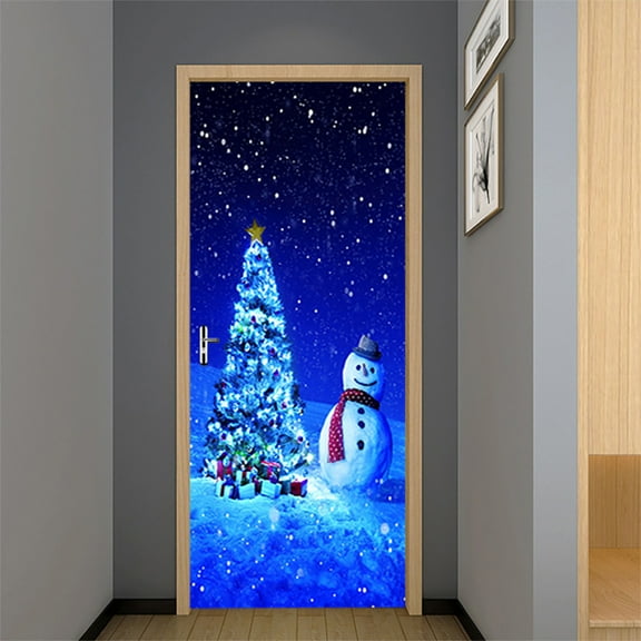 Christmas Door Sticker, Christmas Tree and Snowman Decorations Artwork,Christmas Theme Wall Art Decorations for Home Living Room Decor,S(38.5x200cmx2Pcs)