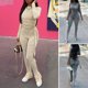 thumbnail image 3 of 2PCS Mujeres Blusa Pantalones Color sólido O Cuello de manga larga con cordón Bodycon Traje informal Abanopi Beige/Pequeña, 3 of 7
