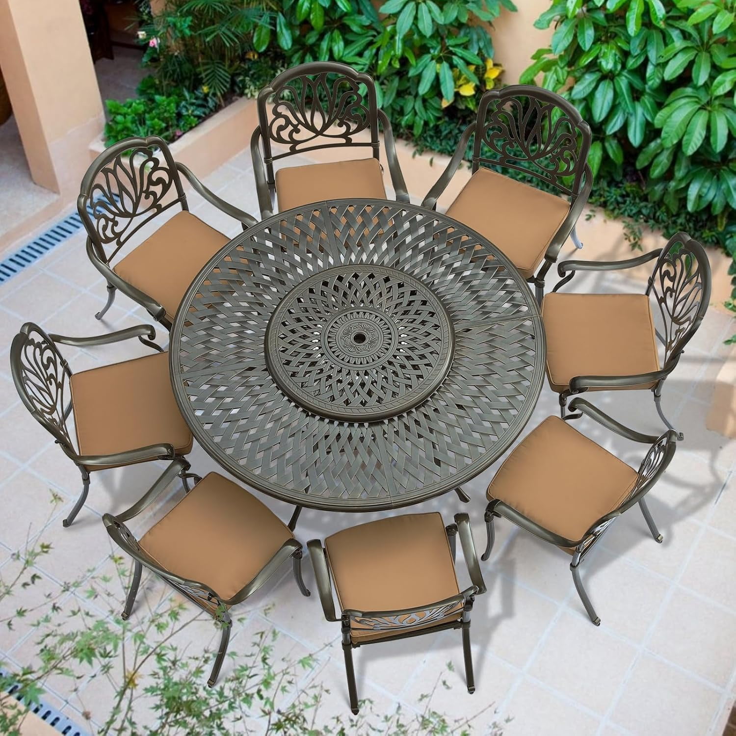 VIVIJASON 9-Piece Patio Furniture Dining Set, Cast Aluminum Rust-Free Outdoor Conversation Set, Include 61" Round Dining Table with 31" Lazy Susan & 8 Cushioned Chairs, Umbrella Hole, Khaki