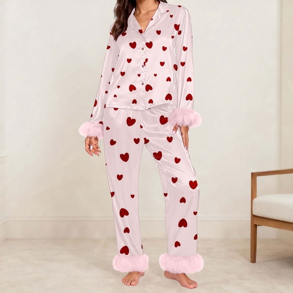 Women Cute Heart Silk Satin Valentines Day Pajamas Set Button Down Shirt Pants Cute Heart Print Pjs Lounge Set Sleepwear