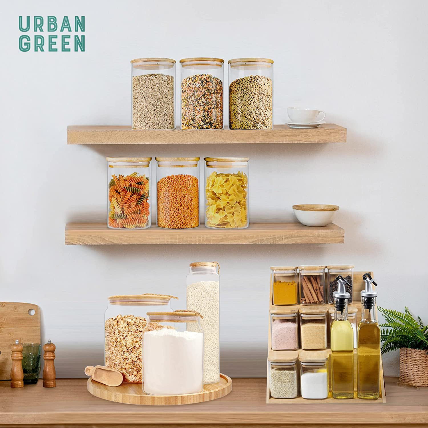 KKC 6 Piece- Eco-friendly Bamboo Lid Glass Spice Jar Set， Bamboo Shelf –  kkcger