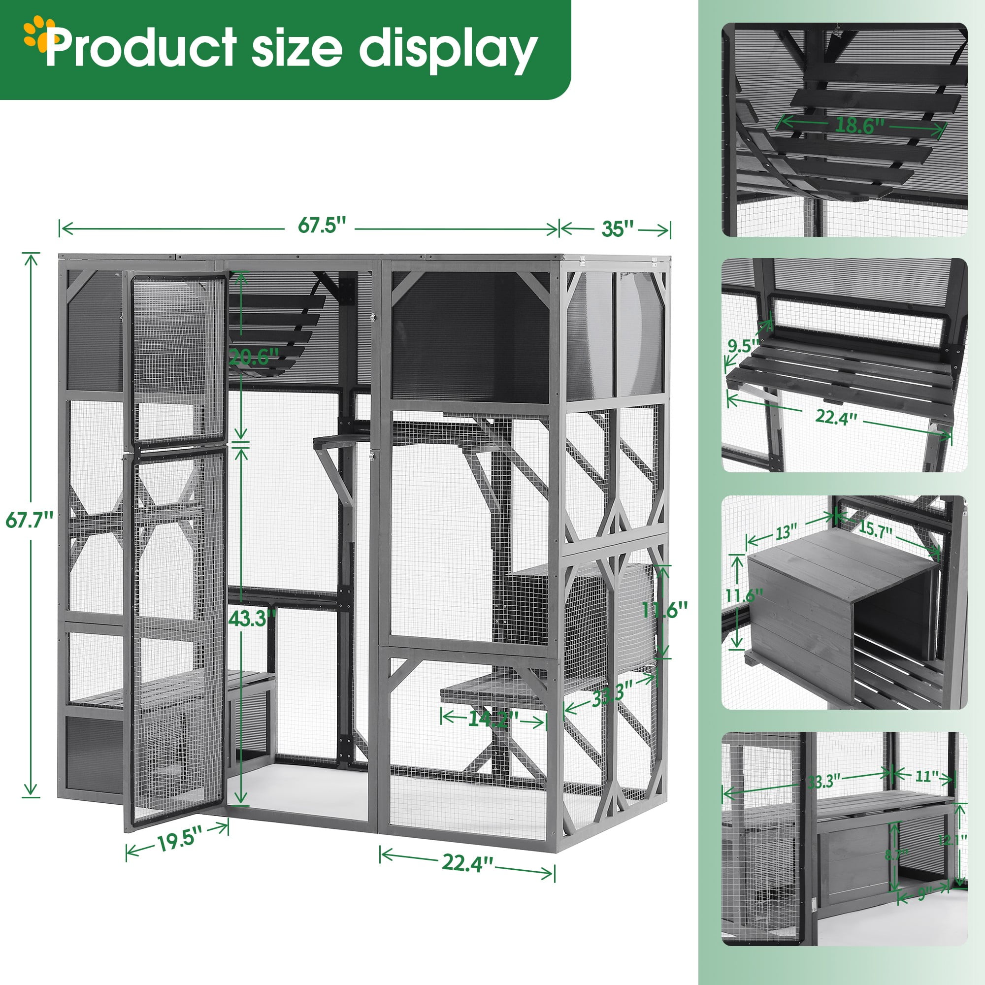 Pefilos 67" Cat House Outdoor Catio Kitty Enclosure with Enter Door, Wood Cat Cage Condo Indoor Playpen with Platforms and Small House, Gray