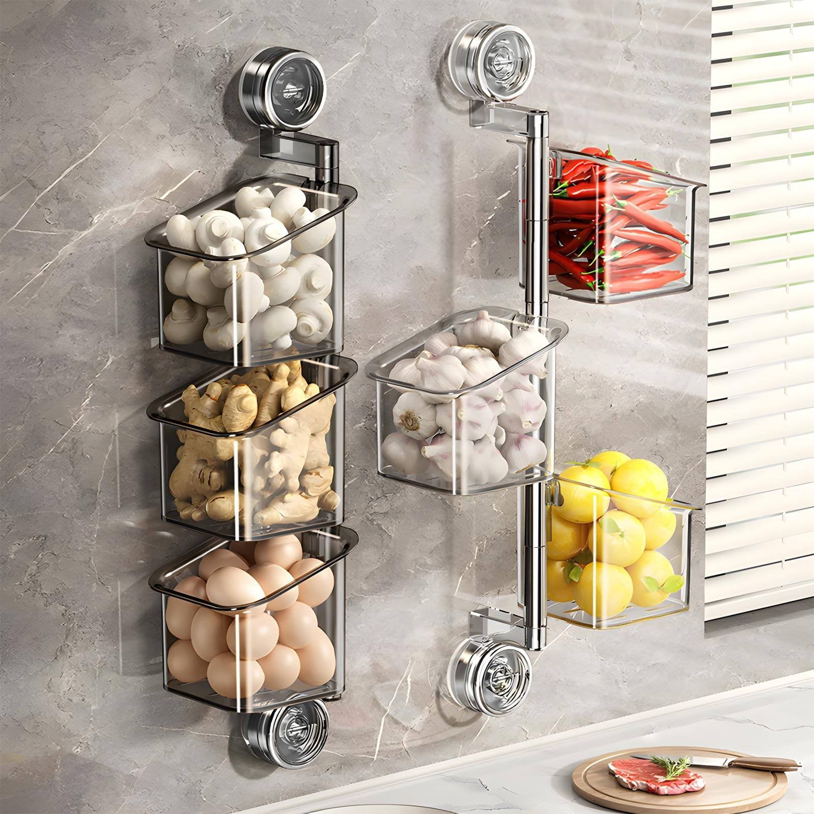 Rotating Kitchen Organizer with Suction Cup, 3-Tier Moveable Shelf for Refrigerator or Wall, No Drill Installation - Transparent Gray