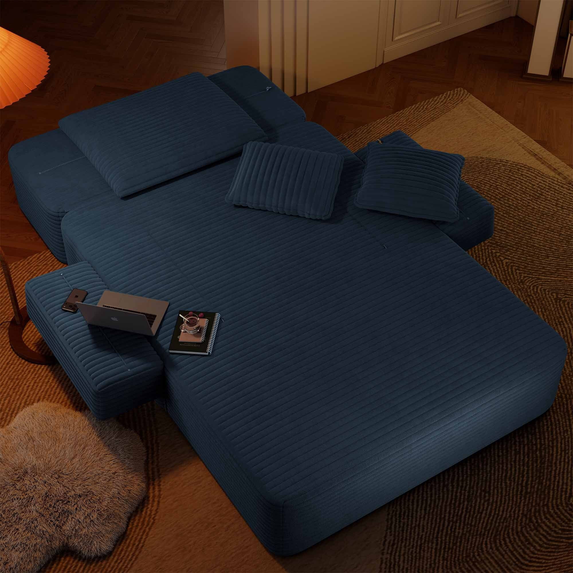 Lunale Boneless Chaise Lounge Chair Indoor, Oversized Convertible Sofa Bed, Cloud Corduroy Sofa Chair for Living Room, Blue