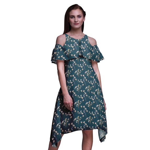 Bimba Bird Print Flutter Sleeve Women’s Party Tunic Cold Shoulder Midi Dress-Medium