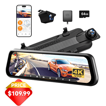 WolfBox 10" Touch Screen Dash Cam Front and Rear, 4K 1080P Rear View Mirror Backup Car Camera with Night Vision, GPS, Free 64GB Card