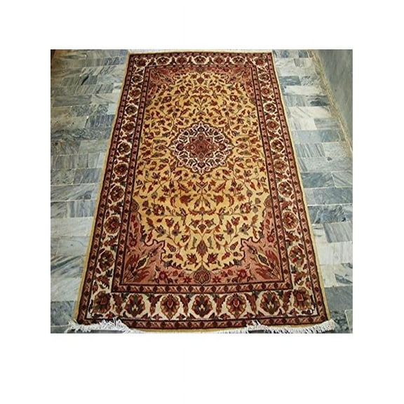 Ahmedani Linen Cream Floral Hot Ivory Touch Medallion Home Decor Any Room Area Rug Hand Knotted Wool Silk Carpet (6 x 4)'