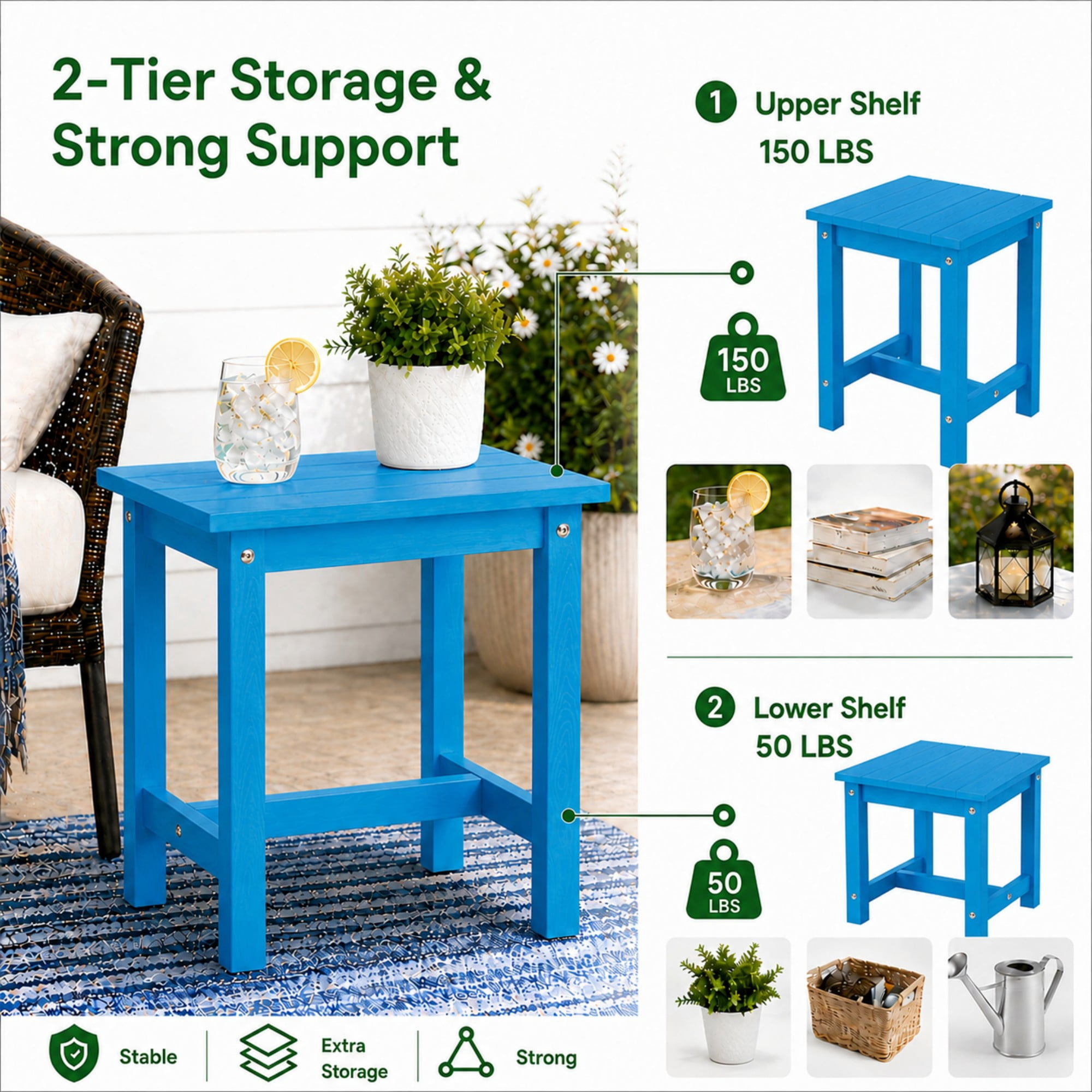 Y&M Outdoor Side Table, HDPE Patio End Table for Adirondack Chair, Weather Resistant Small Accent Table, Bright Blue, Single Layer