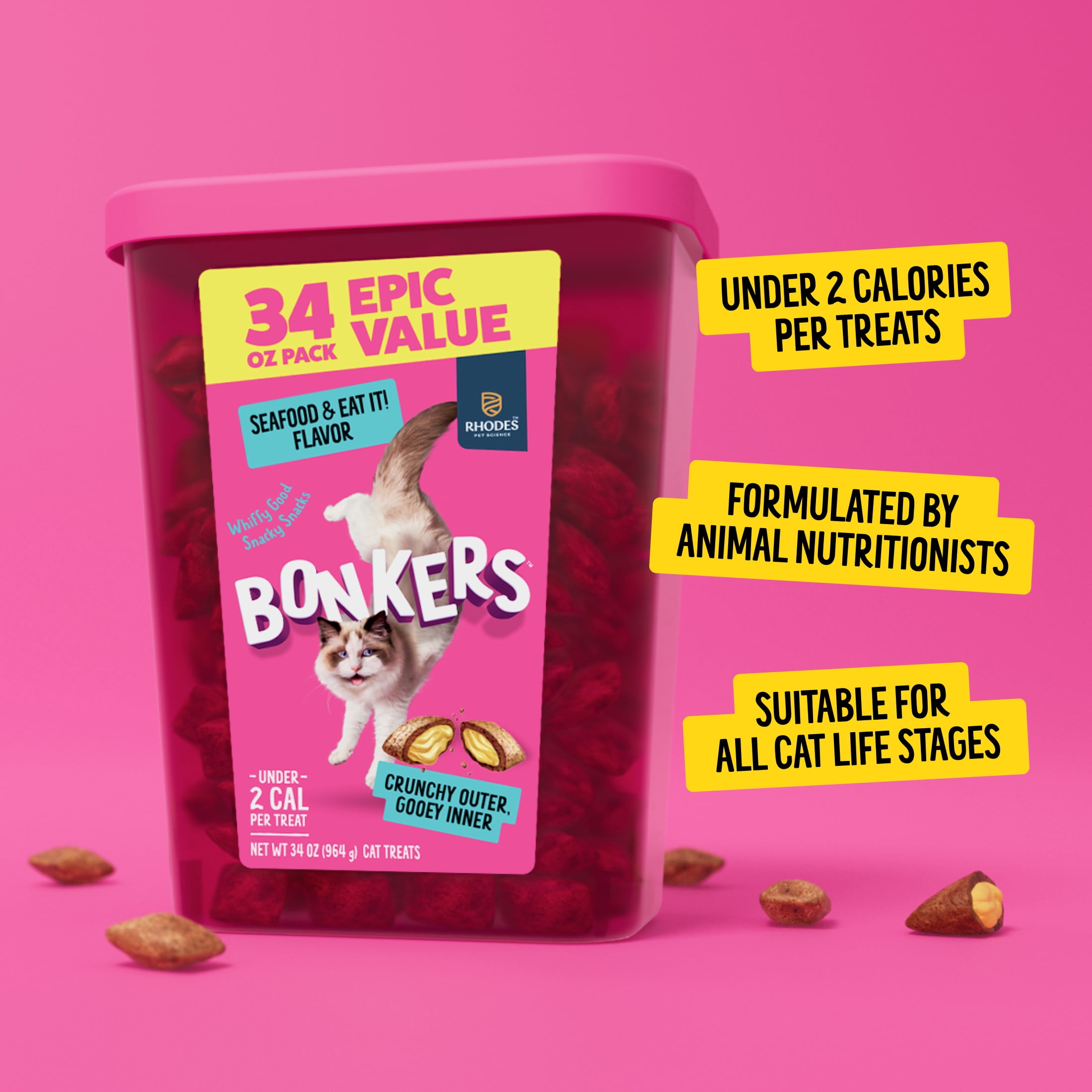 BONKERS Bites Seafood & Eat It Flavor Crunchy & Soft Treats for Cats, 34oz Tub