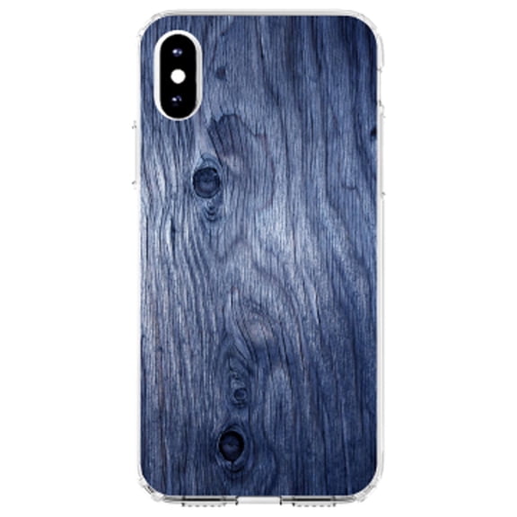 DistinctInk Clear Shockproof Hybrid Case for iPhone XS Max (6.5" Screen) - TPU Bumper, Acrylic Back, Tempered Glass Screen Protector - Dark Blue Weathered Wood Grain Print - Printed Wood Grain Image