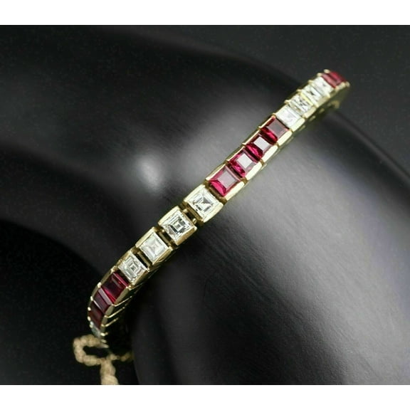 8Ct Asscher Cut Red Ruby Lab Created Diamond Tennis Bracelet 14K Yellow Gold Plated