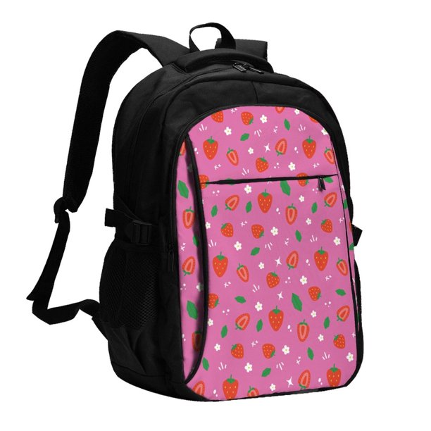 Fotbe Strawberry Floral Mochila con Estampado y Puerto USB para Hombre y Mujer, Mochila Antirrobo, Mochila de Viaje, Mochila Escolar, Mochila Universitaria