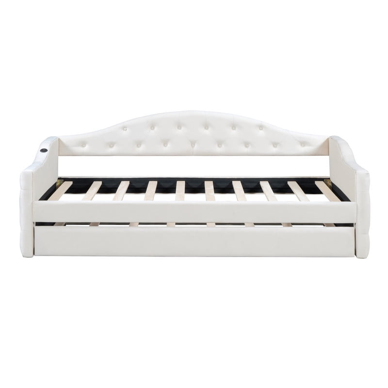 Twin Size Tufted Daybed with Trundle & Backrest, Velvet Upholstered Sofa Bed Frame with USB & Type-C Ports