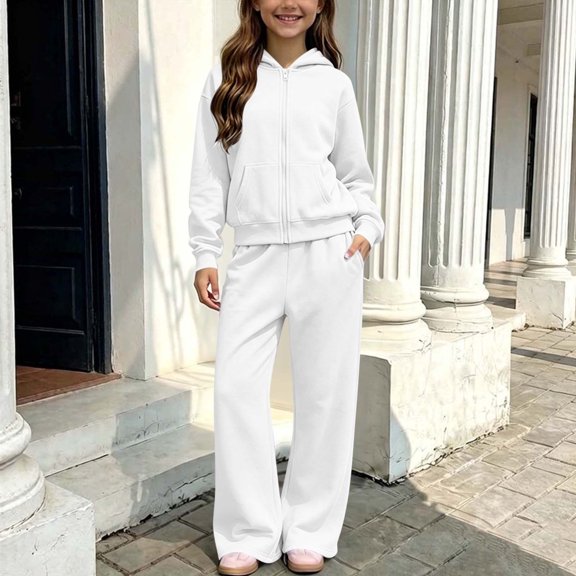 FSYBOA Girls Outfit Set Size 7-8, Zipper Casual Warm 2 Piece Hoodies and Sweatpants White