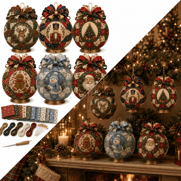 Christmas Classics Patchwork Ornament DIY Kit, Beginner Friendly Fabric Christmas Craft Kit with Complete Materials and Step by Step Instructions, DIY Holiday Decoration for Christmas Tree, A