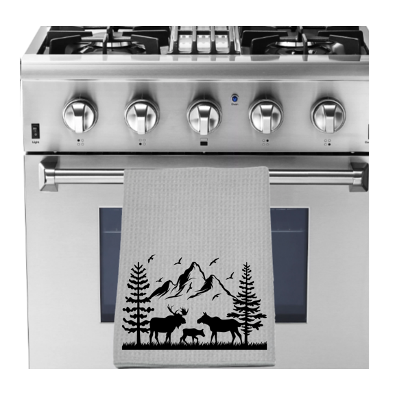 Decorative Moose Kitchen Dish Towel Gray Waffle Weave 16x24