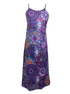 Mogul Women's Maxi Dress Purple Printed Cotton Sleeveless Spaghetti Straps Boho Chic Sundress