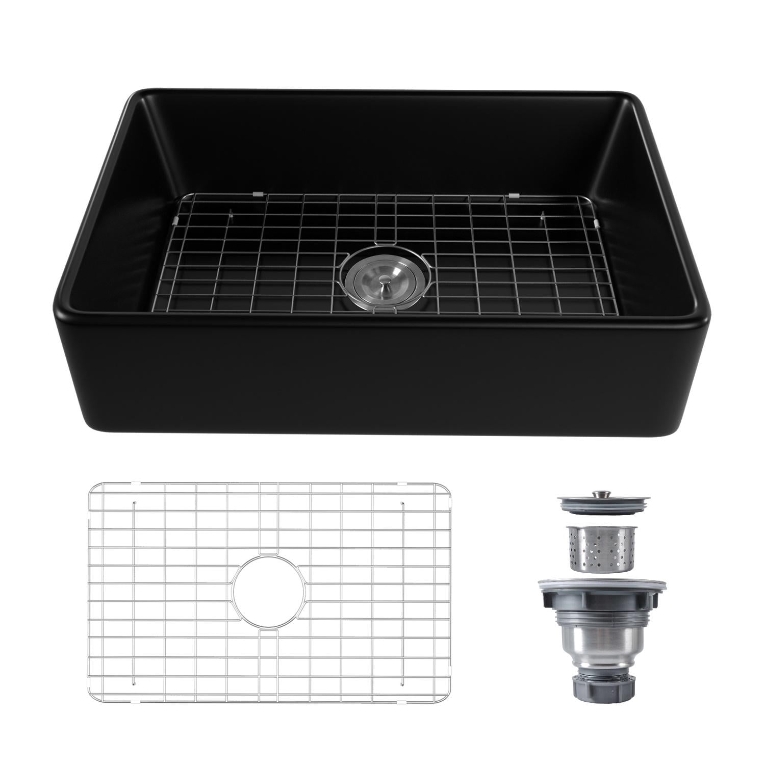 Black Ceramic 33 in. L Rectangular Single Bowl Farmhouse Apron Kitchen Sink Grid Strainer