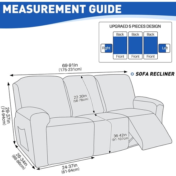MAXIJIN Waterproof Recliner Couch Cover 5 Pieces Recliner Sofa Covers 3 Seater, Reclining Couch Furniture Protector with Elastic Straps & Pockets for Pet, Kids (Sofa Recliner, Dark Gray New)